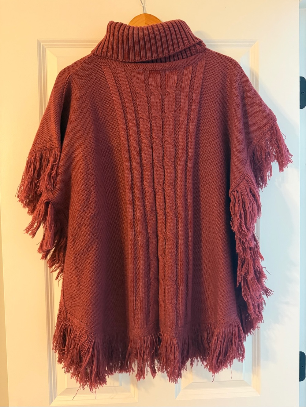 Fringe Turtleneck Cable-Knit Poncho - Rust
